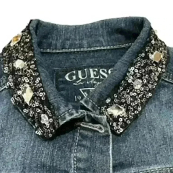 Guess Girls Denim Jean Cropped Embellished Jacket Size 7 - Picture 3 of 12